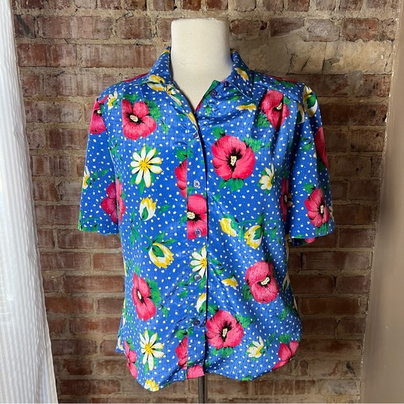 Vintage Floral Polka Dot Blue Hawaiian Shirt -Size M -TP04 - Picture 2 of 9